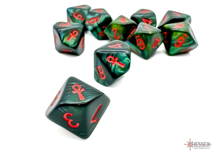 Chessex Dice > Chessex Chessex: Plastic 10d10 Set - Scarab Jade/Red Ankh 601982045418 CHX29025