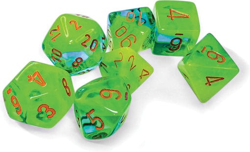 Chessex Dice > Chessex Chessex: Polyhedral 7-Die Set - Plasma Green/Teal/Orange (Luminary Gemini) 601982045746 CHX 26470