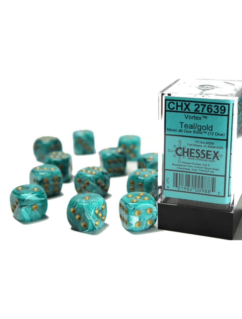 Chessex: Vortex Dice 12ct - Teal/Gold (d6)