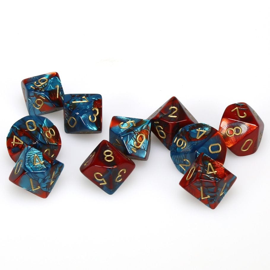 Chessex Dice > Chessex d10 Clamshell Gemini Red and Teal with Gold (10) 601982022846 CHX26262