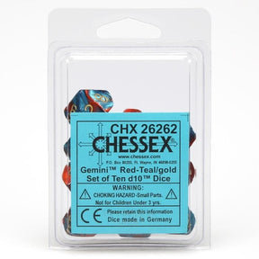 Chessex Dice > Chessex d10 Clamshell Gemini Red and Teal with Gold (10) 601982022846 CHX26262