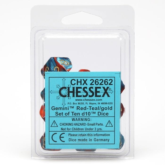 Chessex Dice > Chessex d10 Clamshell Gemini Red and Teal with Gold (10) 601982022846 CHX26262