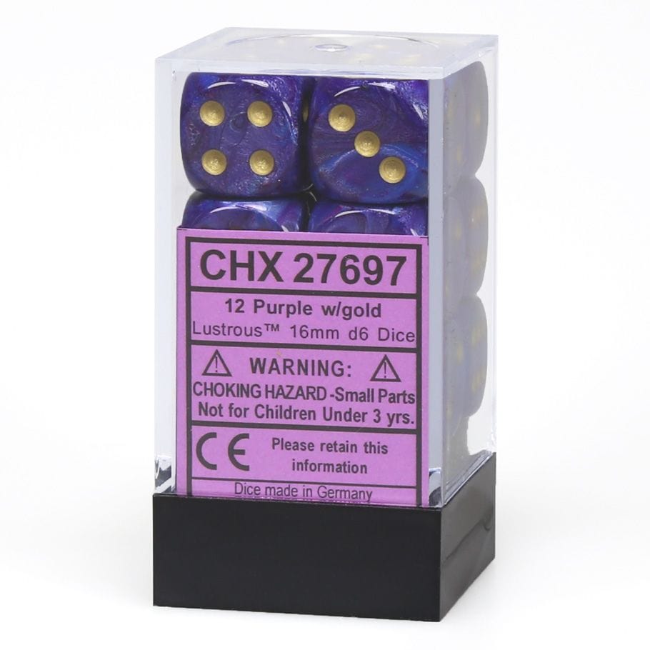 Chessex Dice > Chessex d6 Cube 16mm Lustrous Purple with Gold (12) 601982025656 CHX27697