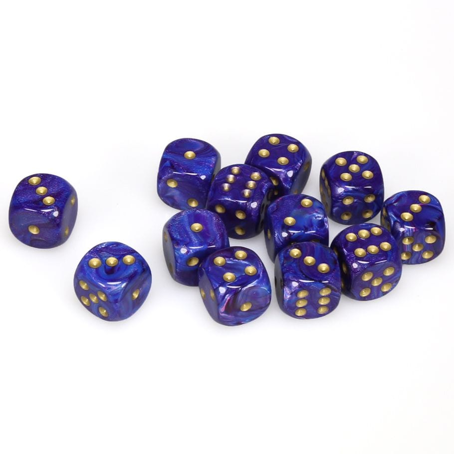 Chessex Dice > Chessex d6 Cube 16mm Lustrous Purple with Gold (12) 601982025656 CHX27697