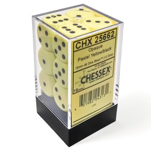 Chessex Dice > Chessex d6 Cube 16mm Opaque Pastel Yellow/black (12) 601982043131 CHX25662