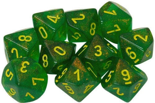 Chessex Dice > Chessex Dice Menagerie10: Poly Borealis D10 Maple Green/Yellow (10) 601982015978 CHX 27365