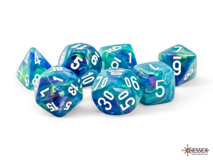 Chessex Dice > Chessex FESTIVE 7-DIE SET MEGA-HEDRAL WATERLILLY/WHITE 601982043872 CHX22546