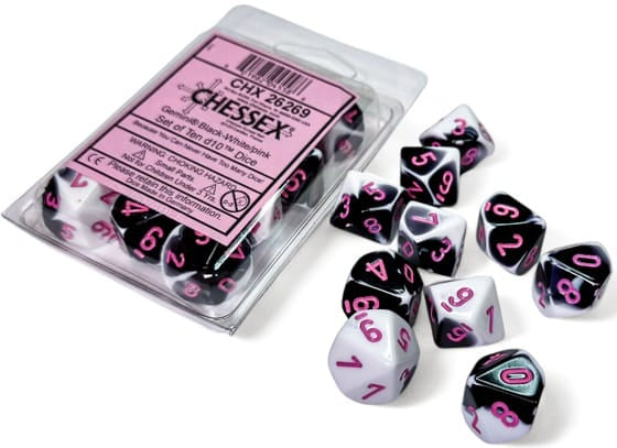 Chessex Dice > Chessex GEMINI 10D10 BLACK-WHITE/PINK 601982045586 CHX26269