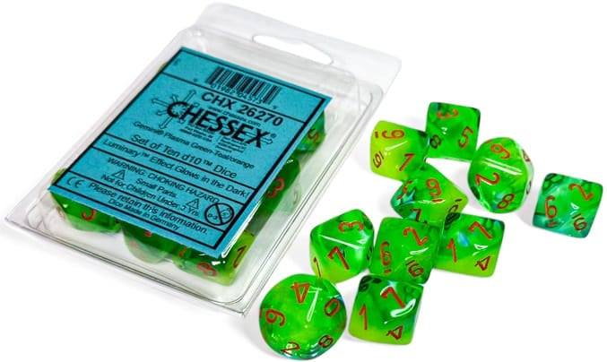 Chessex Dice > Chessex GEMINI 10D10 PLASMA GREEN-TEAL/ORANGE LUMINARY 601982045739 CHX26270