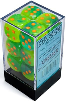 Chessex Dice > Chessex GEMINI 12D6 PLASMA GREEN-TEAL/ORANGE LUMINARY 16MM 601982045753 CHX26670