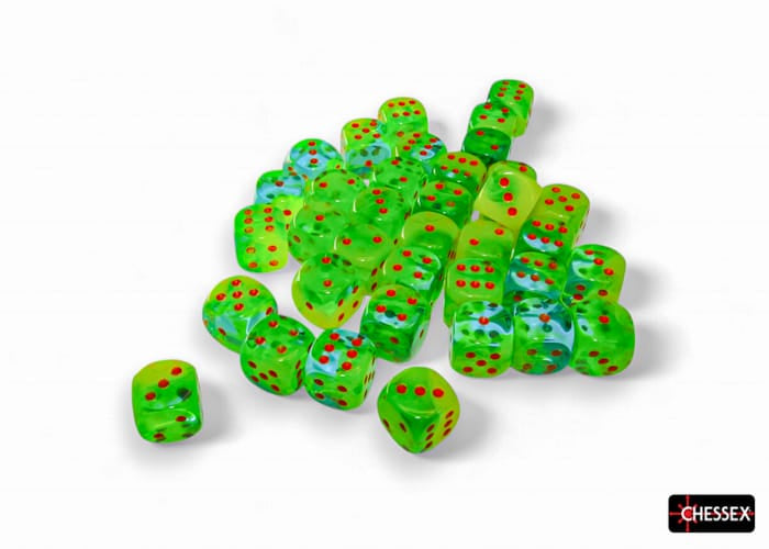 Chessex Dice > Chessex GEMINI 36D6 PLASMA GREEN-TEAL/ORANGE LUMINARY 12MM 601982045760 CHX26870
