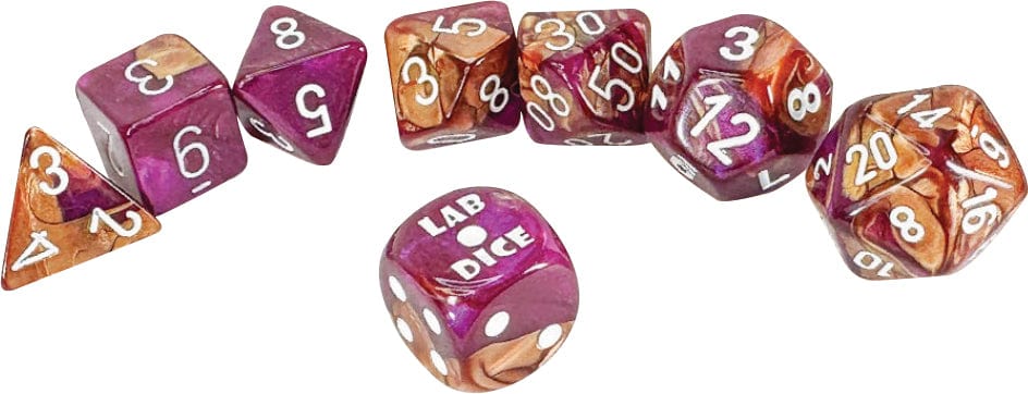 Chessex Dice > Chessex Lab Dice 9: Gemini Copper-Purple/white Polyhedral 7-Die Set (with bonus die) 601982047108 CHX 30071