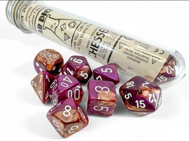 Chessex Dice > Chessex Lab Dice 9: Gemini Copper-Purple/white Polyhedral 7-Die Set (with bonus die) 601982047108 CHX 30071