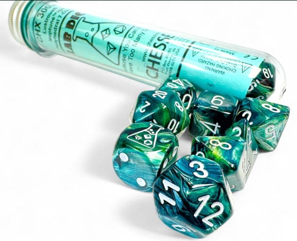 Chessex Dice > Chessex Lab Dice 9: Lustrous Neptune/grey Polyhedral 7-Die Set (with bonus die) 601982047115 CHX 30072
