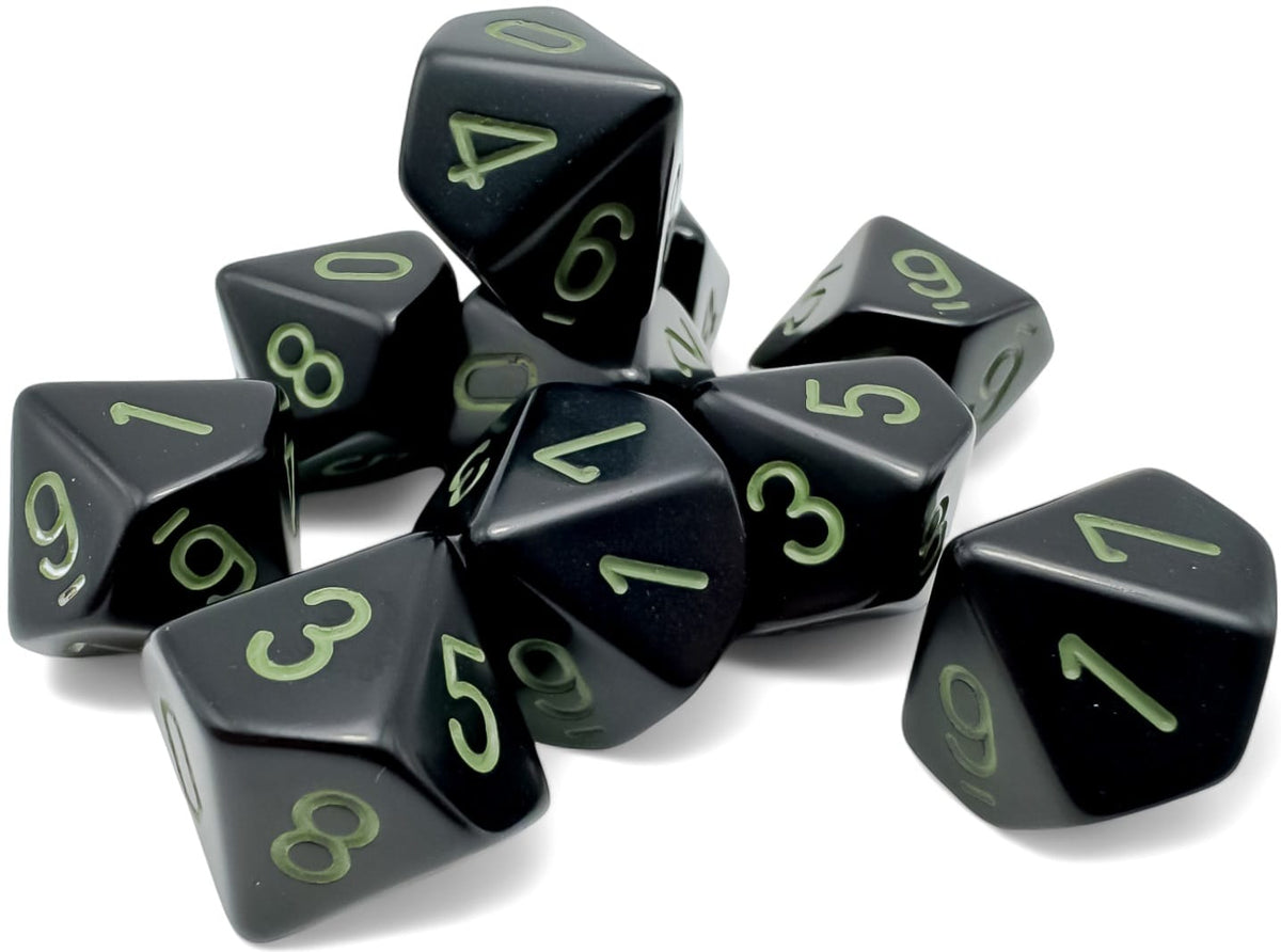 Chessex Dice > Chessex OPAQUE 10D10 SET BLACK/GREEN 601982044534 CHX25258