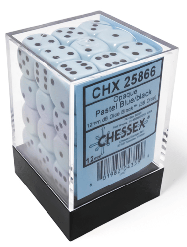 Chessex Dice > Chessex Opaque 12mm d6 Pastel Blue/black Dice Block (36 dice) 601982043599 CHX 25866