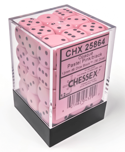 Chessex Dice > Chessex Opaque 12mm d6 Pastel Pink/black Dice Block (36 dice) 601982043292 CHX 25864