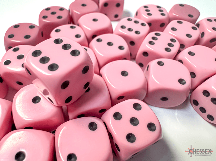 Chessex Dice > Chessex Opaque 12mm d6 Pastel Pink/black Dice Block (36 dice) 601982043292 CHX 25864