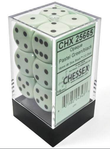 Chessex Dice > Chessex Opaque 16mm d6 Pastel Green/black Dice Block (12 dice) 601982043438 CHX 25665
