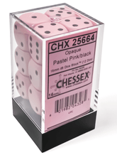 Chessex Dice > Chessex Opaque 16mm d6 Pastel Pink/black Dice Block (12 dice) 601982043285 CHX 25664