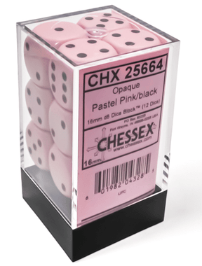 Chessex Dice > Chessex Opaque 16mm d6 Pastel Pink/black Dice Block (12 dice) 601982043285 CHX 25664