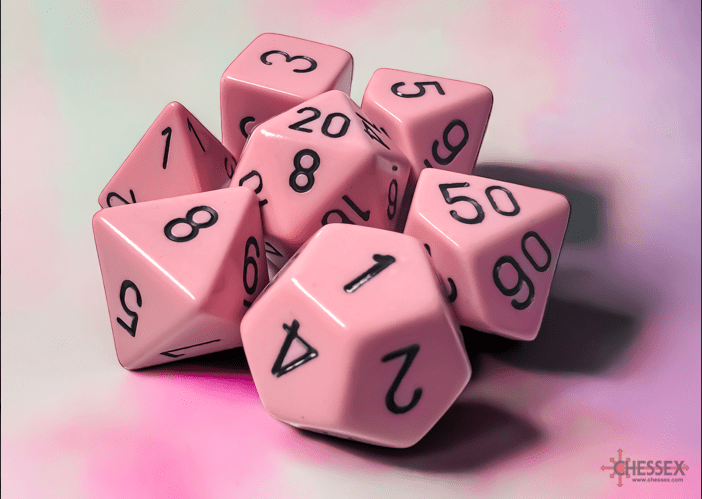 Chessex Dice > Chessex Opaque Polyhedral Pastel Pink/black 7-Die Set 601982043278 CHX 25464