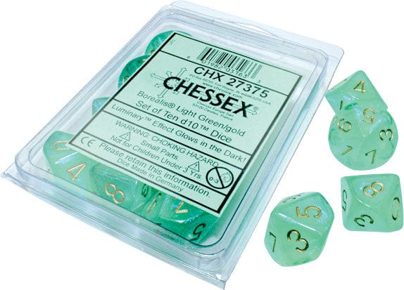 Chessex Dice > Chessex orealis: Light Green/gold Luminary Set of Ten d10s 601982031633 CHX 27375