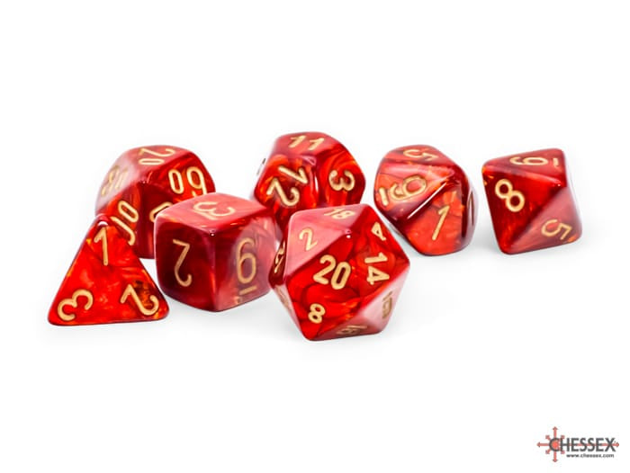Chessex Dice > Chessex SCARAB 7-DIE SET MEGA-HEDRAL SCARLET/GOLD 601982043711 CHX22414