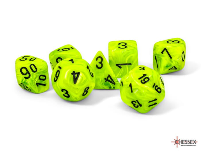 Chessex Dice > Chessex VORTEX 7-DIE SET MEGA-HEDRAL BRIGHT GREEN/BLACK 601982044114 CHX22430