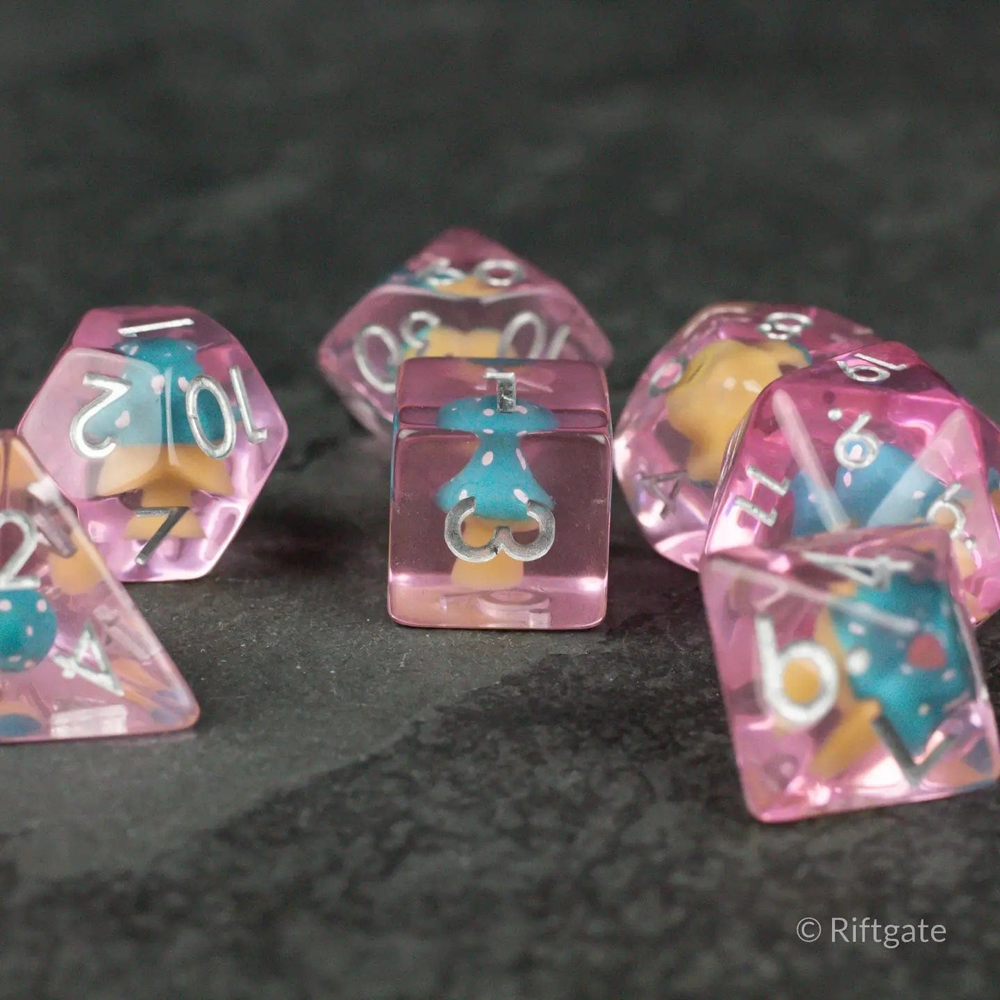 Riftgate Dice > Other Dice Riftgate- Blue + Pink Resin Mushroom Dice Set 20225276 RE-MUSH-PINK