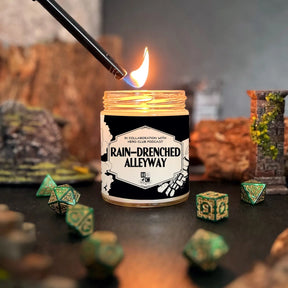 Fantasy Scents Decor > Candles Rain-Drenched Alleyway Scented Candle with Surprise D20 Die | Hero Club