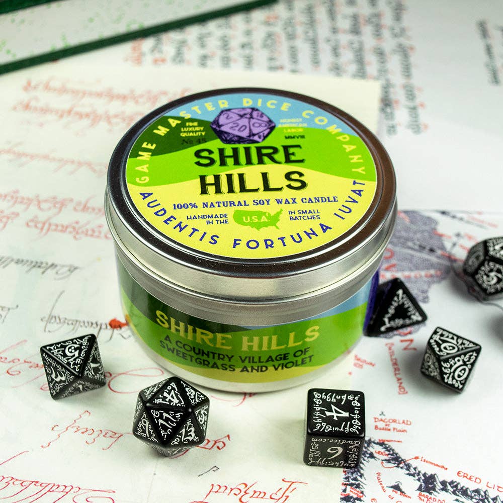 Game Master Dice Shire Hills Candle: 8oz Tin