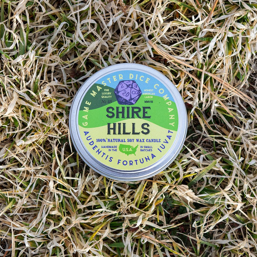 Game Master Dice Shire Hills Candle: 8oz Tin