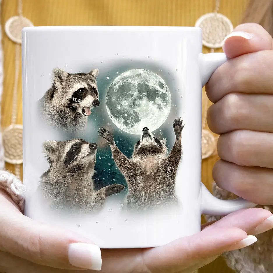 House of Rodan Home > Drinkware > Mugs 3 Raccoons Howling - Funny Raccoon Moon Meme Coffee Mug 40549551010748 40549551010748