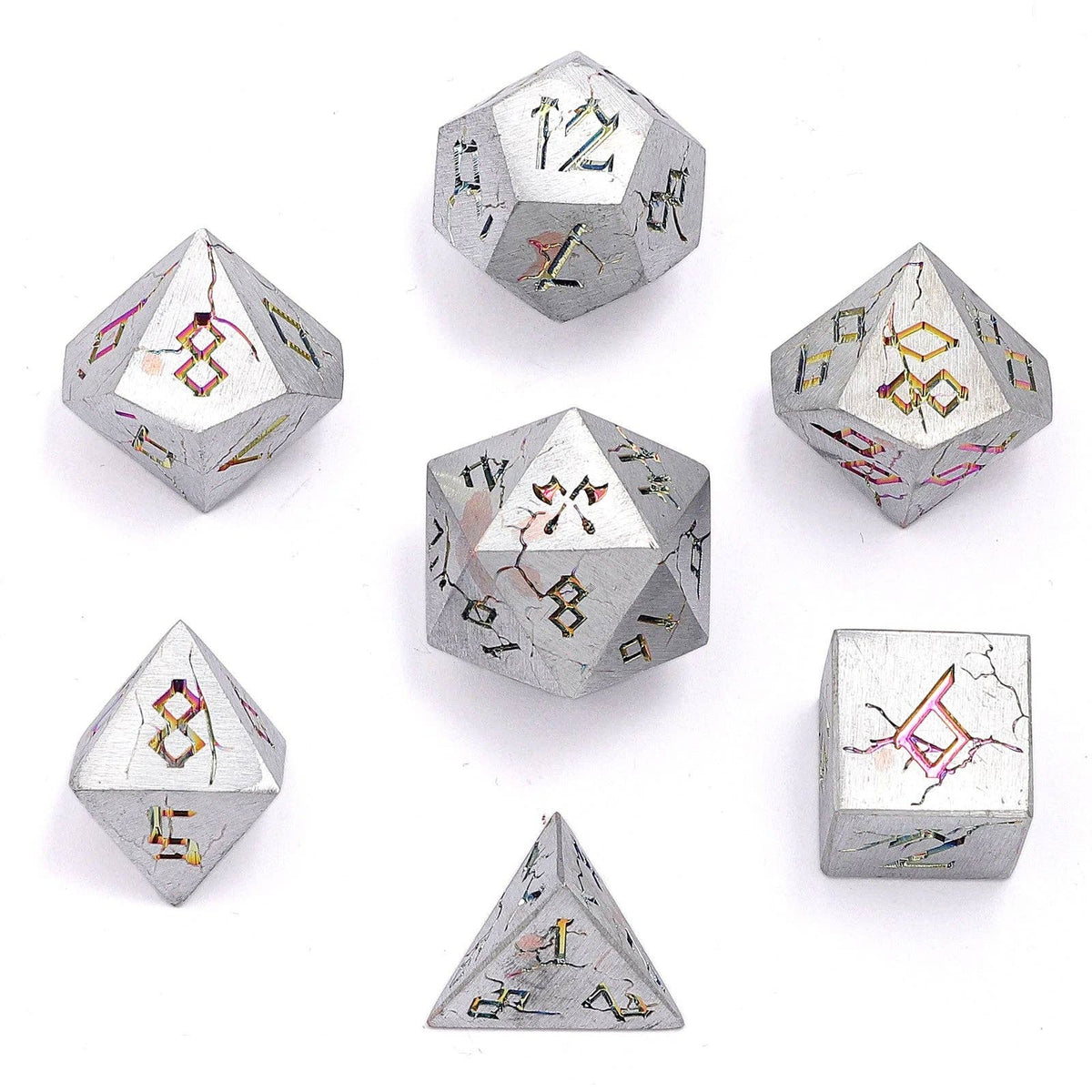 Hymgho Premium Dice Dice Barbarian Solid Metal Polyhedral Dice Set - Matte Silver and Rainbow HY00358 HY00358