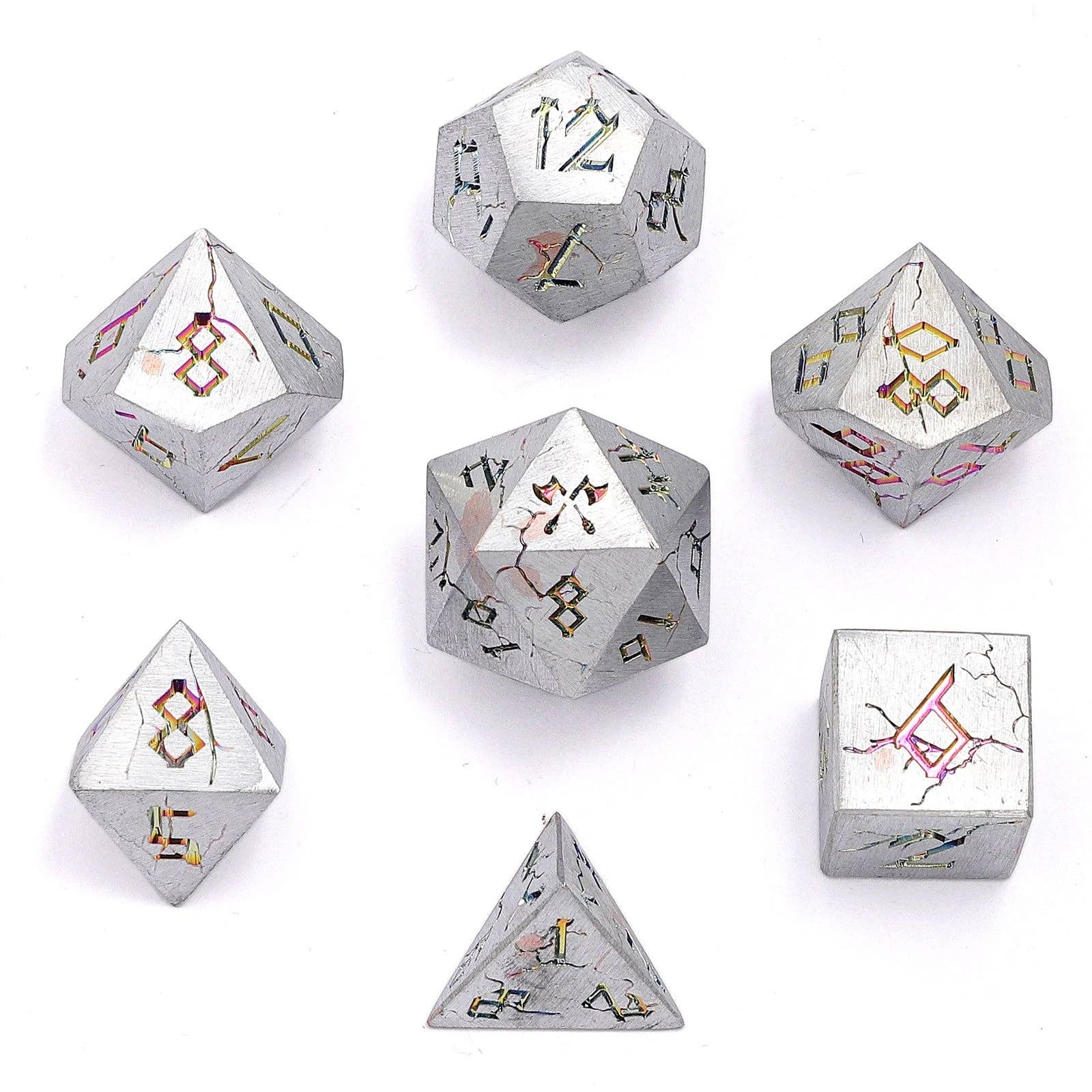 Hymgho Premium Dice Dice Barbarian Solid Metal Polyhedral Dice Set - Matte Silver and Rainbow HY00358 HY00358