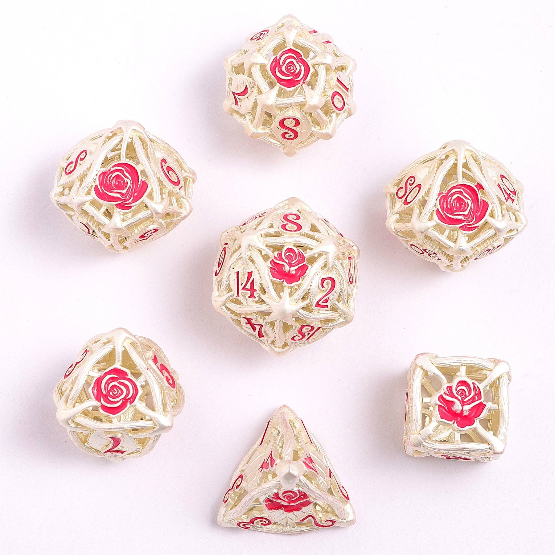 Hymgho Premium Dice Dice Hollow Metal Rose Dice Set - Matt Silver w/Pink HY00532 HY00532
