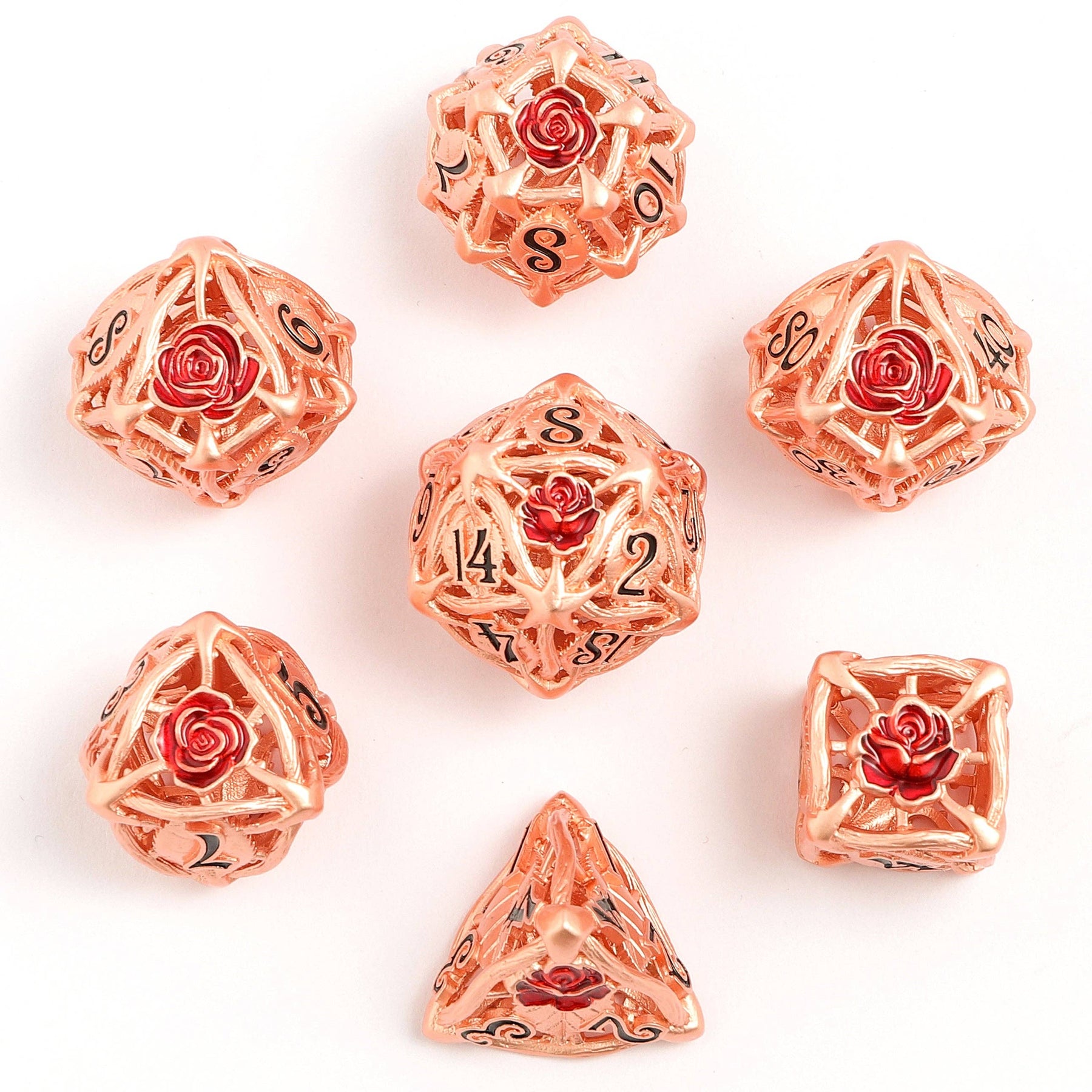 Hymgho Premium Dice Dice Hollow Metal Rose Dice Set - Rose gold w/Red HY00531 HY00531