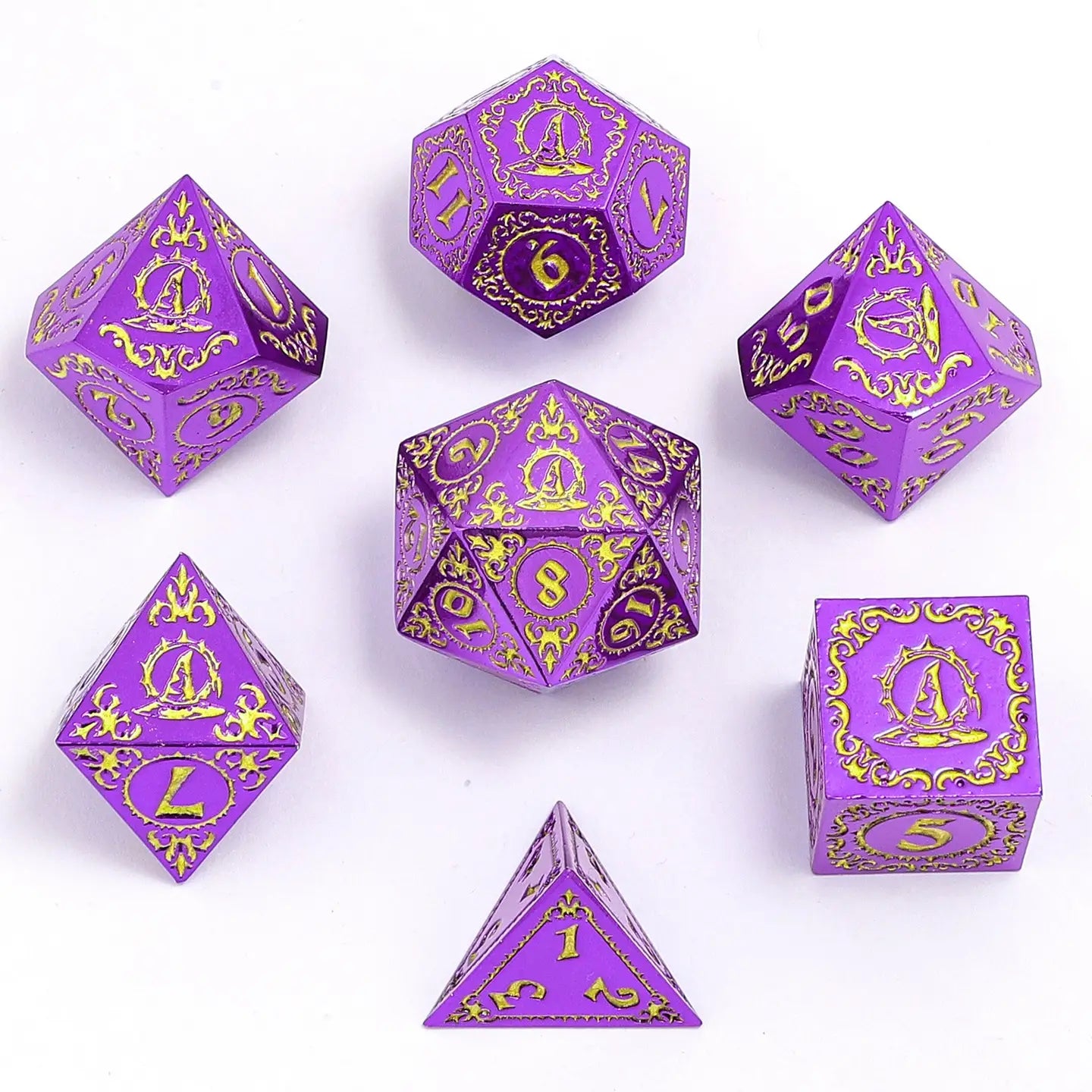 Hymgho Premium Dice Dice > Metallic Dice Games Wizard Solid Metal Polyhedral Dice Set - Purple with Gold HY00417 HY00417