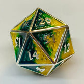Hymgho Premium Dice Dice > Other Dice 45mm Metal Behemoth Spindown D20 - Silver w/ Green & Yellow HY00241 HY00241