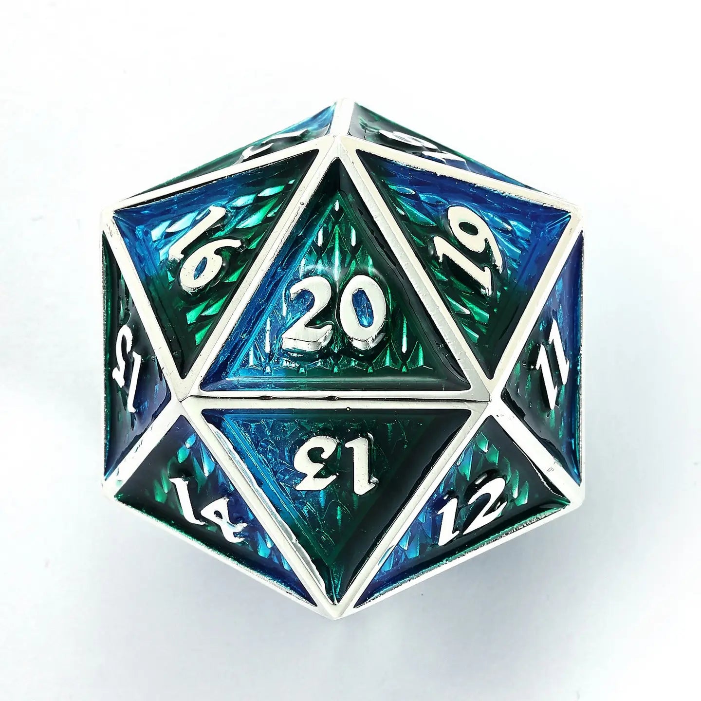 Hymgho Premium Dice Dice > Other Dice 45mm Metal Behemoth Spindown D20 - Silver with Blue & Green HY00419 HY00419
