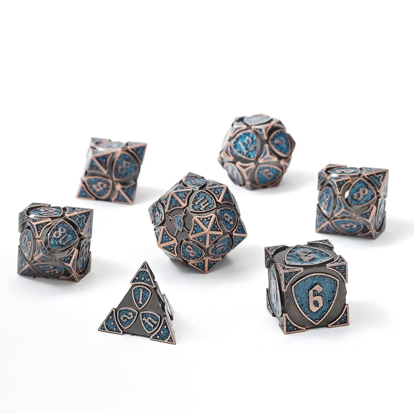 Hymgho Premium Dice Dice > Other Dice Solid Metal Fighter Rpg Dice Set - Copper W/Blue Glitter HY00391 HY00458