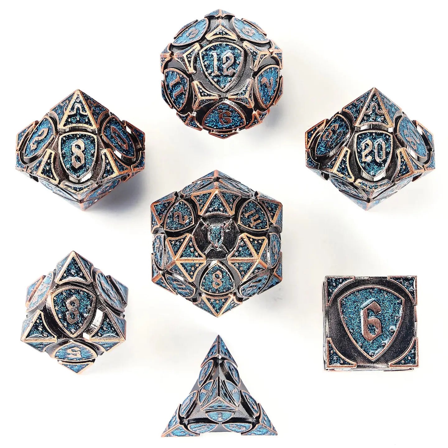 Hymgho Premium Dice Dice > Other Dice Solid Metal Fighter Rpg Dice Set - Copper W/Blue Glitter HY00391 HY00458