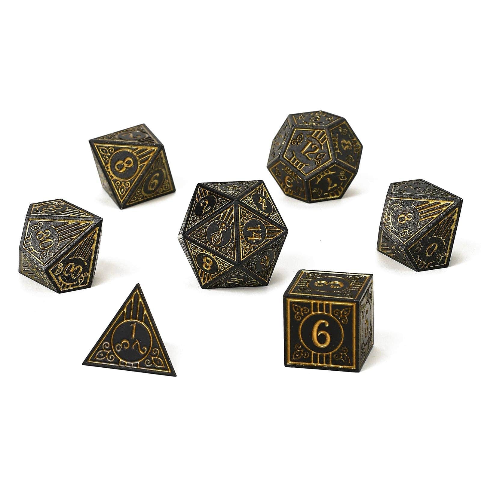 Hymgho Premium Dice Dice Solid Metal Bard RPG Dice Set - Matt Black w/Gold HY00509 HY-00509
