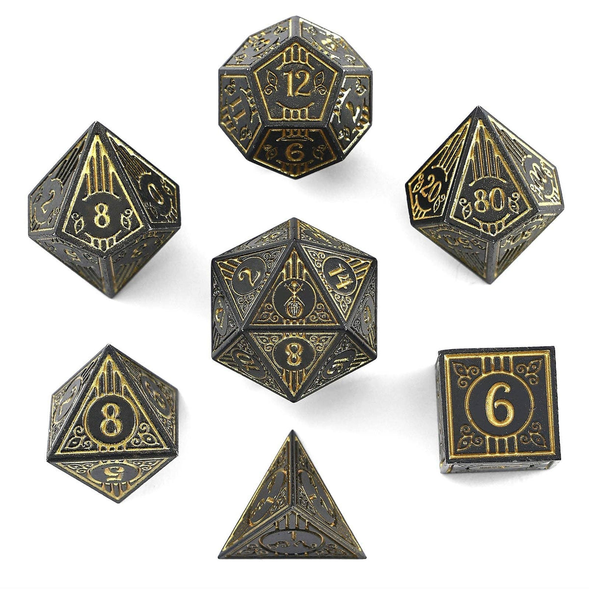 Hymgho Premium Dice Dice Solid Metal Bard RPG Dice Set - Matt Black w/Gold HY00509 HY-00509