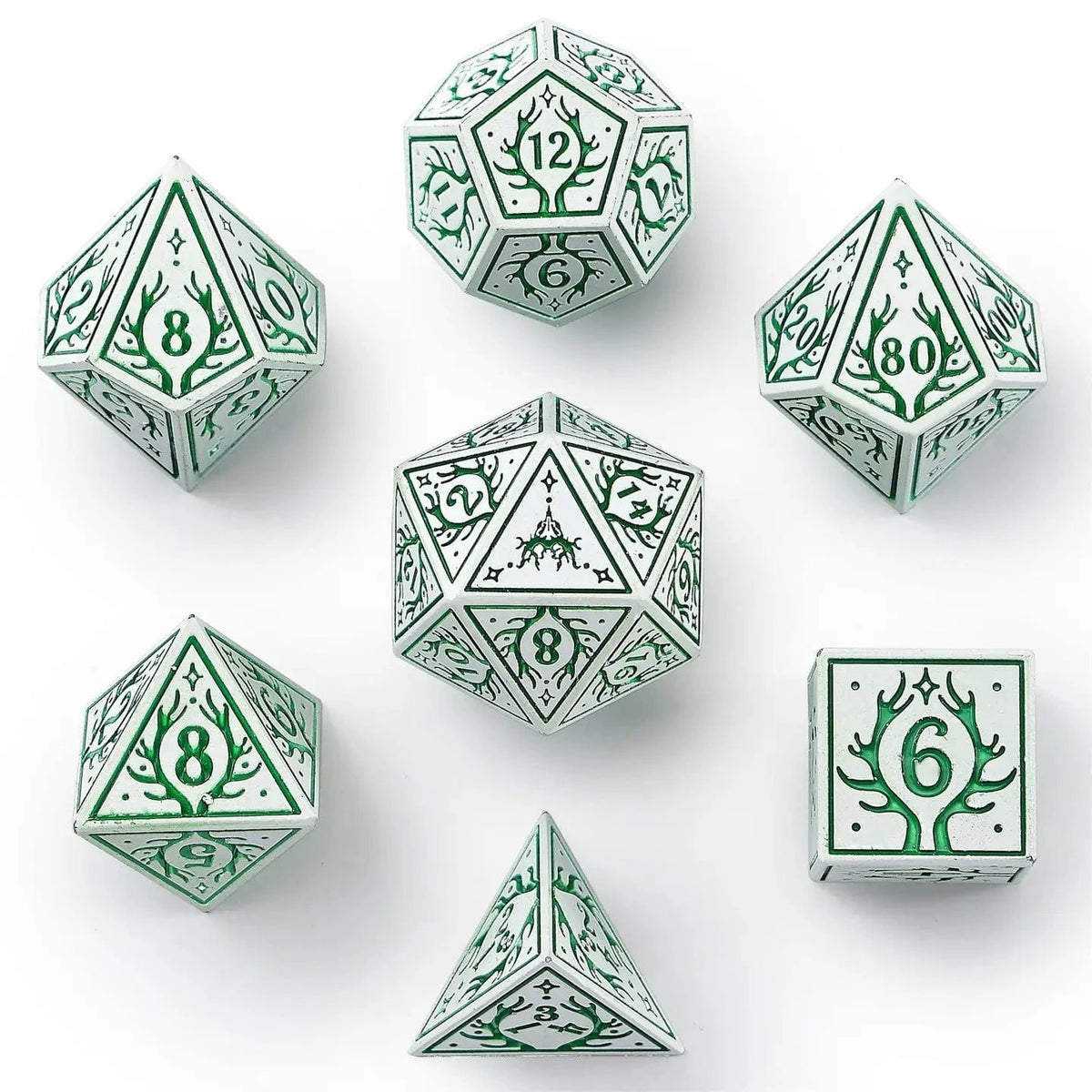 Hymgho Premium Dice Dice Solid Metal Druid Rpg Dice Set - White W/Green HY00501 HY00501
