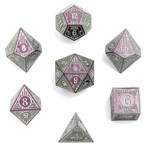 Hymgho Premium Gaming Dice 7-Set Bard Solid Metal: Glitter Purple with Silver HY00513 HYO0513