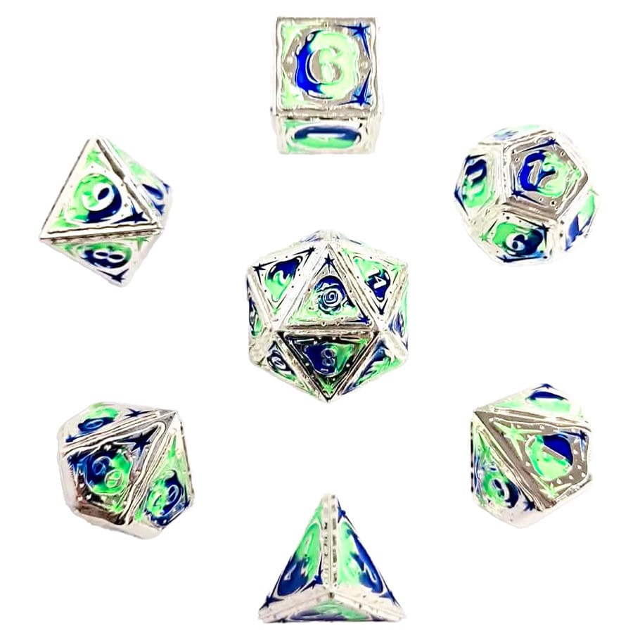 Hymgho Premium Gaming Dice 7-Set Sorcerer Solid Metal: RPG Dice Set: Blue & UV Reactive Green HY00578 HYO0578