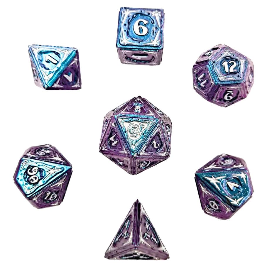 Hymgho Premium Gaming Dice 7-Set Sorcerer Solid Metal: RPG Dice Set: Chameleon Blue with Silver HY00589 HYO0589