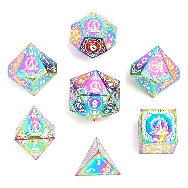 Hymgho Premium Gaming Dice 7-Set Wizard Solid Metal: Rainbow with White HY00414 HYO0414